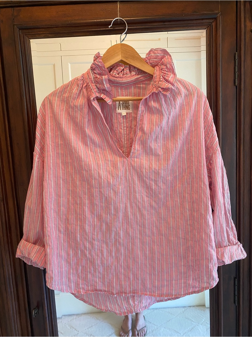 A Shirt Thing - Soft Pink Striped Ruffle Neck Blouse, Size Small